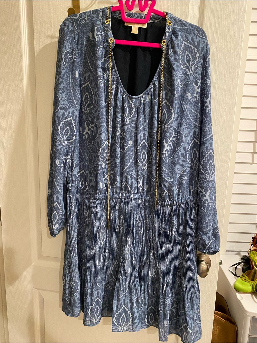 Michael Kors Blue Paisley Long Sleeve Drop Waist Dress with Gold Accents